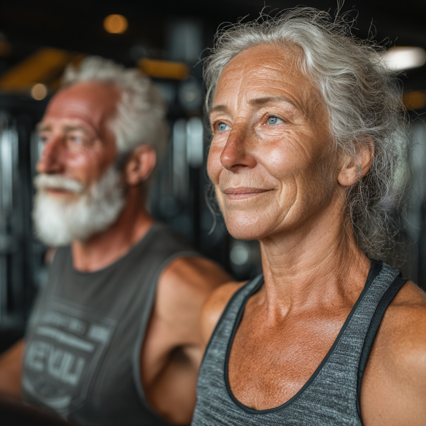 Група людей зрілого віку займається фітнесом в залі